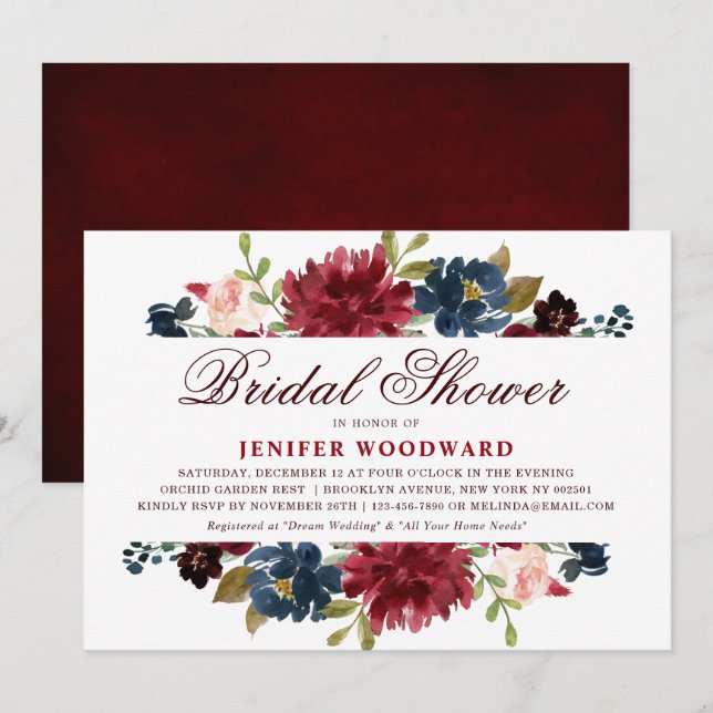Burgundy Red Navy Floral Rustic Boho Bridal Shower Invitation (Front/Back)