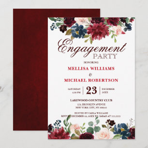 Burgundy Red Navy Floral Rustic Boho Engagement Invitation