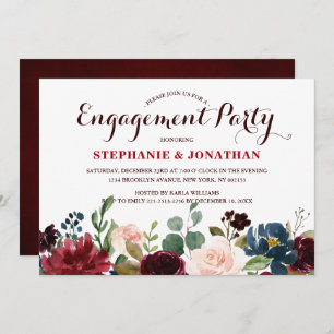 Burgundy Red Navy Floral Rustic Boho Engagement Invitation
