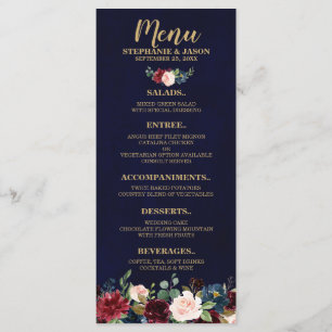 Burgundy Red Navy Floral Rustic Boho Menu Mariage