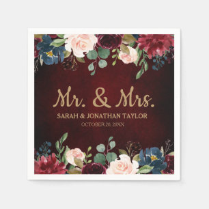 Burgundy Red Navy Floral Rustic Boho Paper Napkin