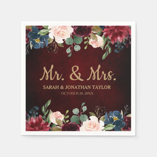 Burgundy Red Navy Floral Rustic Boho Paper Napkin (Front)