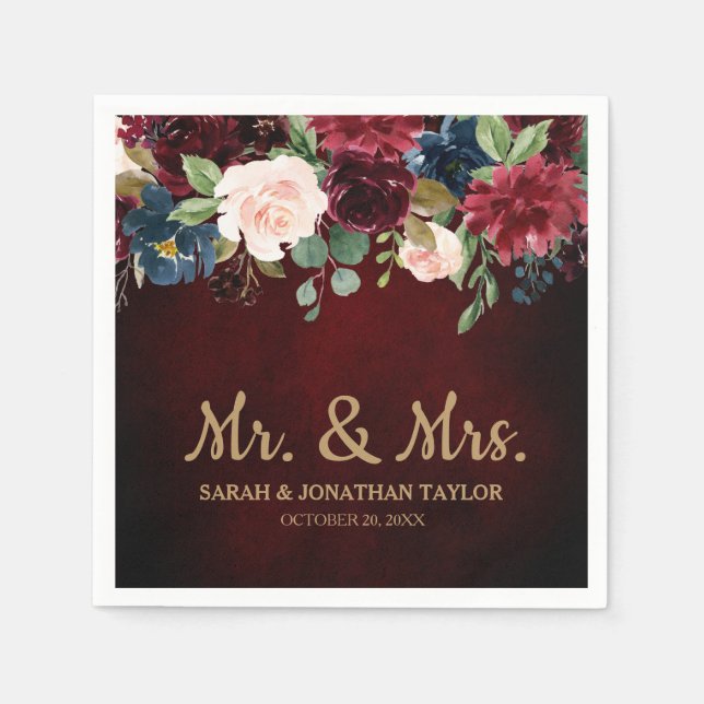 Burgundy Red Navy Floral Rustic Boho Paper Napkin (Front)