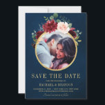 Burgundy Red Navy Floral Rustic Boho Photo Save The Date<br><div class="desc">Watercolor Burgundy Red Navy Floral Rustic Boho Save the Date Photo Card. Perfect for a fall wedding. The design features a stunning bouquet of burgundy / Marsala , peach , navy flowers / roses with matching leaves in gold ring shaped frame. Please find more matching designs and variations in my...</div>
