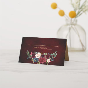 Burgundy Red Navy Floral Rustic Boho Place Card