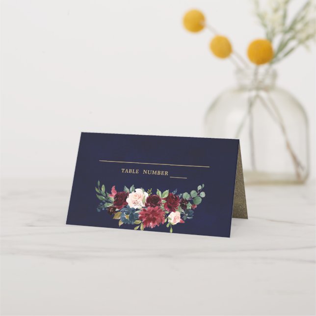 Burgundy Red Navy Floral Rustic Boho Place Card (Front)