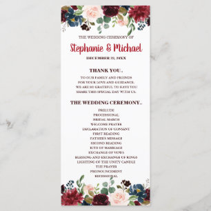 Burgundy Red Navy Floral Rustic Boho Program card