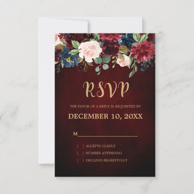 Burgundy Red Navy Floral Rustic Boho RSVP (Front)