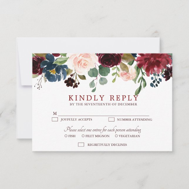 Burgundy Red Navy Floral Rustic Boho RSVP (Front)