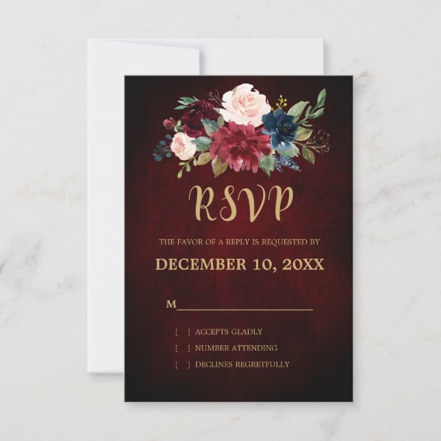 Burgundy Red Navy Floral Rustic Boho RSVP (Front)