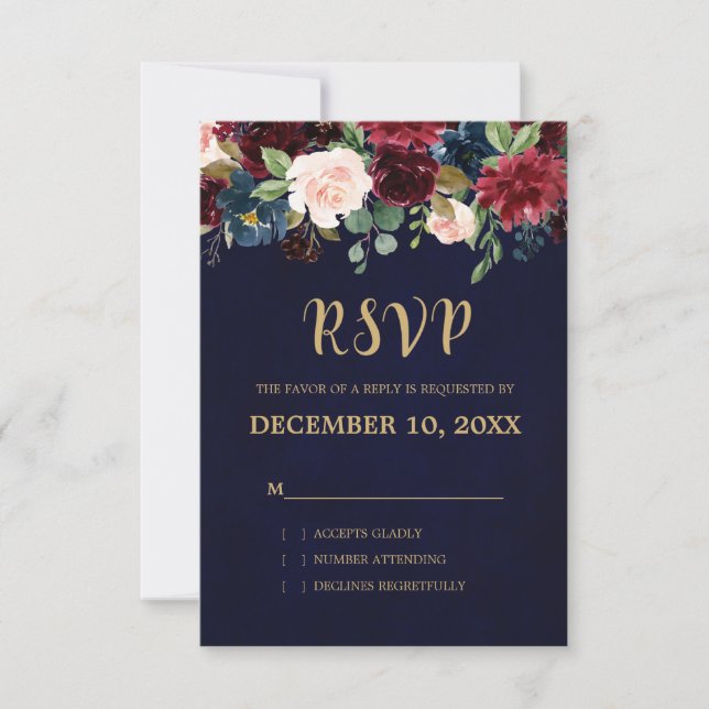 Burgundy Red Navy Floral Rustic Boho RSVP (Front)