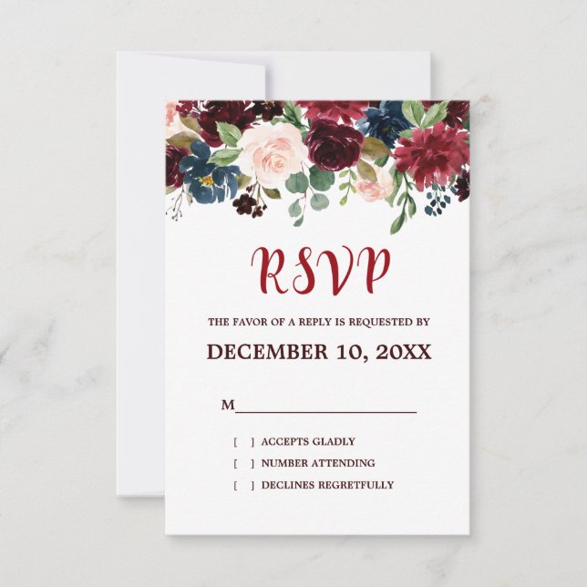 Burgundy Red Navy Floral Rustic Boho RSVP (Front)