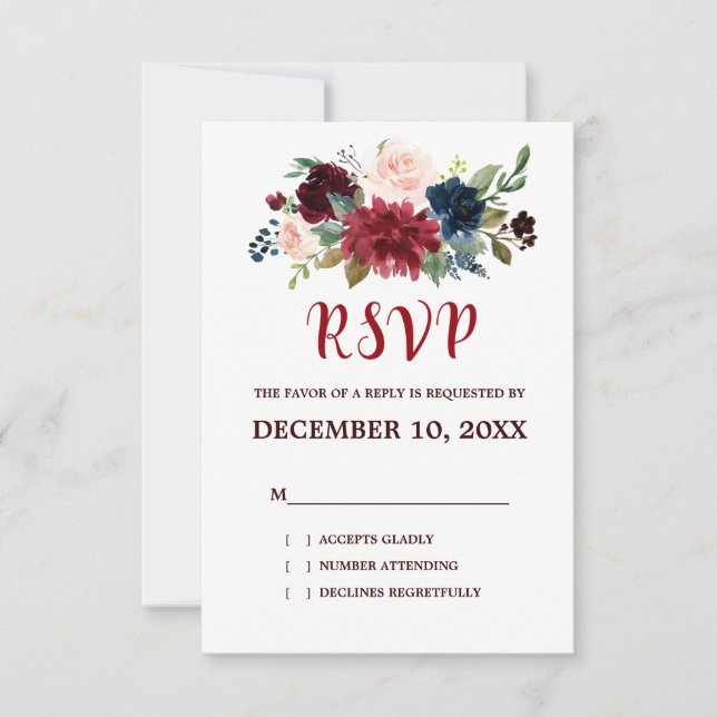 Burgundy Red Navy Floral Rustic Boho RSVP (Front)