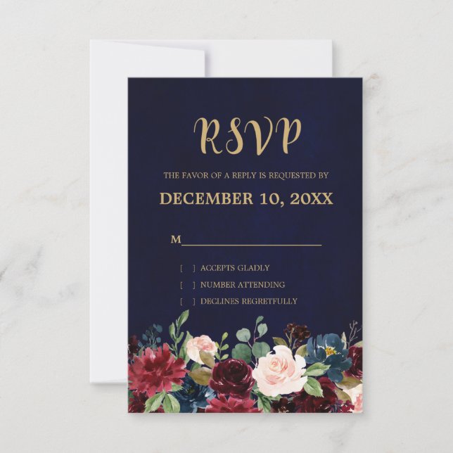 Burgundy Red Navy Floral Rustic Boho RSVP (Front)