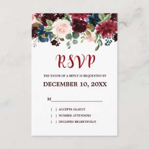 Burgundy Red Navy Floral Rustic Boho RSVP Card