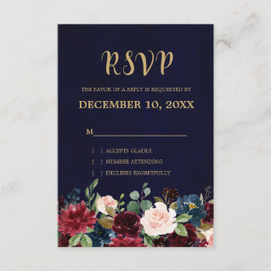 Burgundy Red Navy Floral Rustic Boho RSVP Card