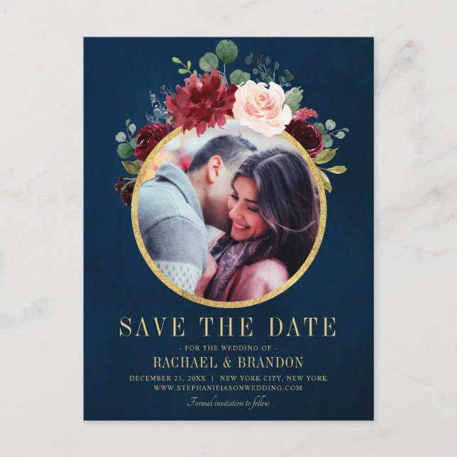 Burgundy Red Navy Floral Rustic Boho Save the Date Announcement Postcard (Front)