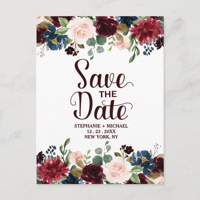 Burgundy Red Navy Floral Rustic Boho Save the Date Announcement Postcard (Front)