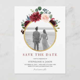Burgundy Red Navy Floral Rustic Boho Save the Date Announcement Postcard