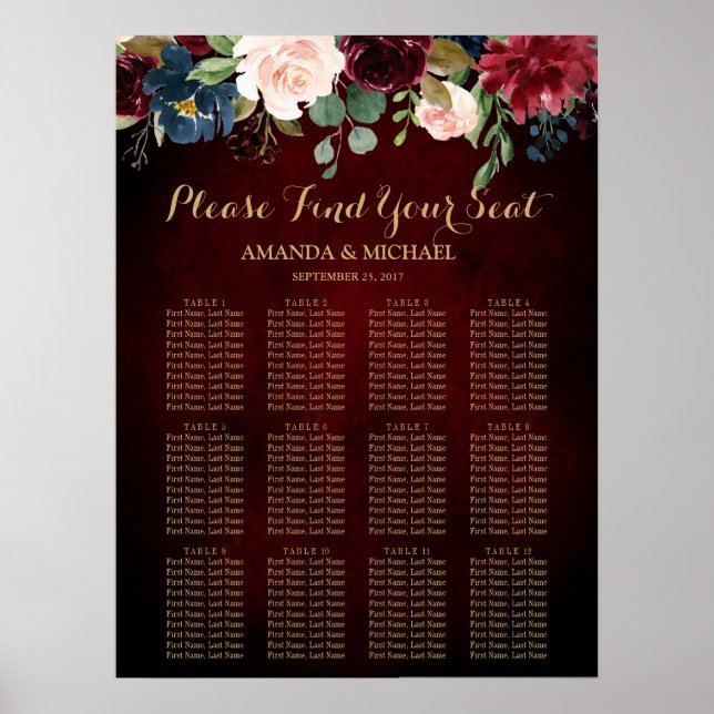 Burgundy Red Navy Floral Rustic Boho Seating Chart (Front)