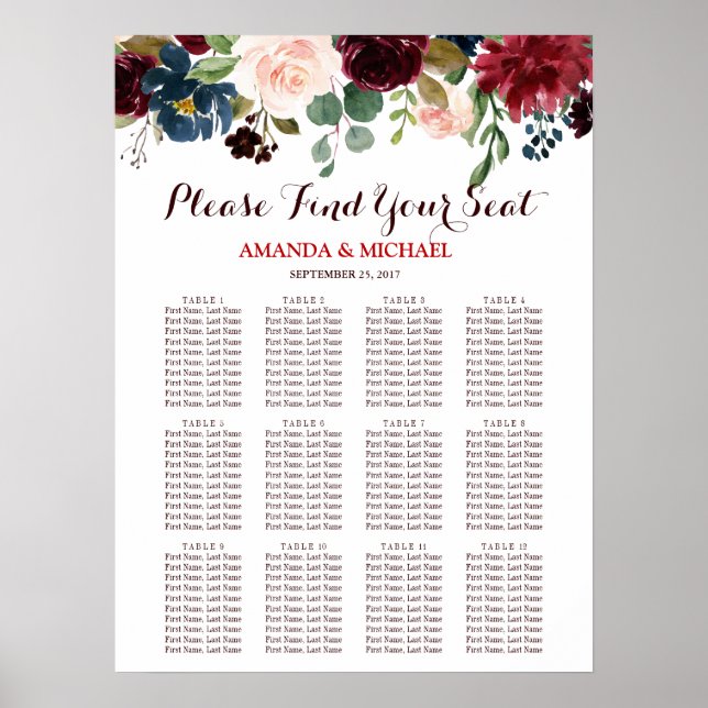Burgundy Red Navy Floral Rustic Boho Seating Chart (Front)