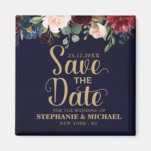Burgundy Red Navy Floral Rustic Boho Sve the date Magnet (Front)