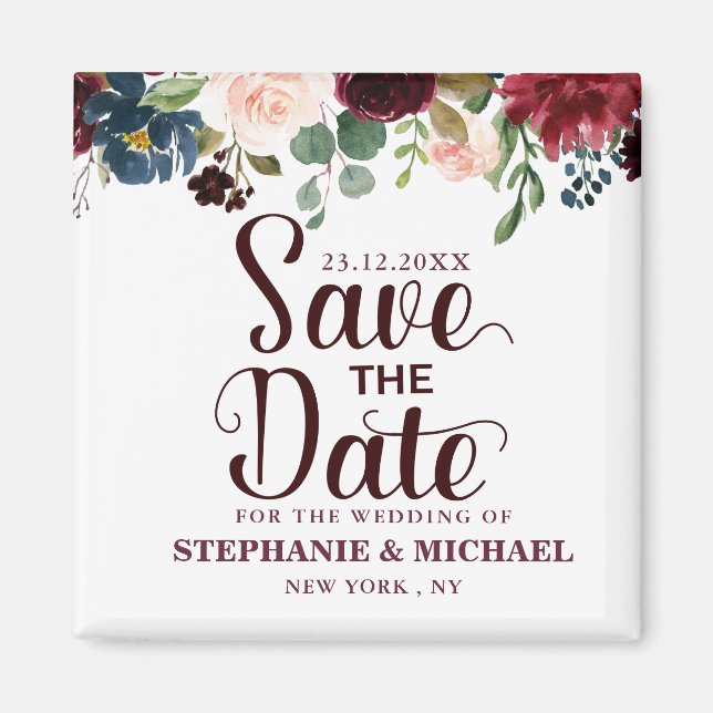 Burgundy Red Navy Floral Rustic Boho Sve the date Magnet (Front)