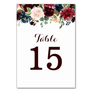 Burgundy Red Navy Floral Rustic Boho Table Number