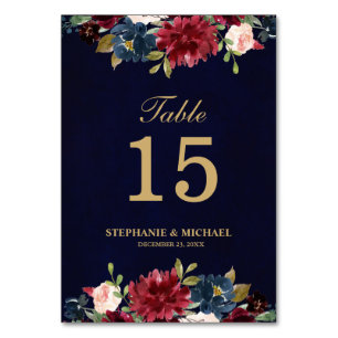 Burgundy Red Navy Floral Rustic Boho Table Number