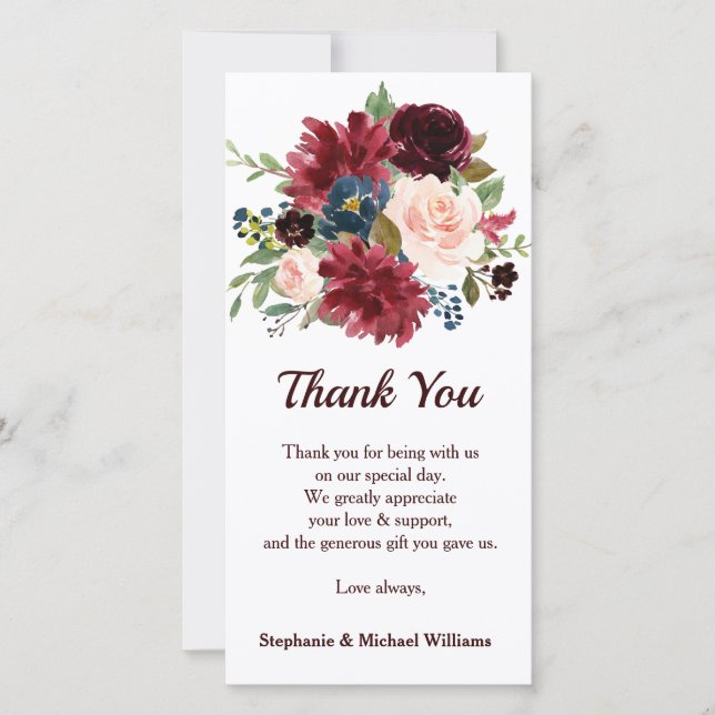 Burgundy Red Navy Floral Rustic Boho Thank you (Front)