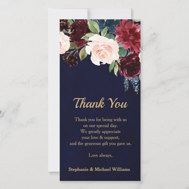 Burgundy Red Navy Floral Rustic Boho Thank you (Front)