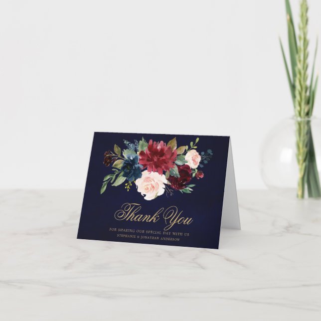 Burgundy Red Navy Floral Rustic Boho Thank You Card (Front)