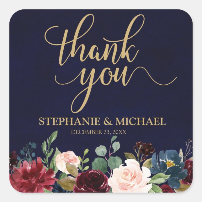 Burgundy Red Navy Floral Rustic Boho Thank You Square Sticker (Front)