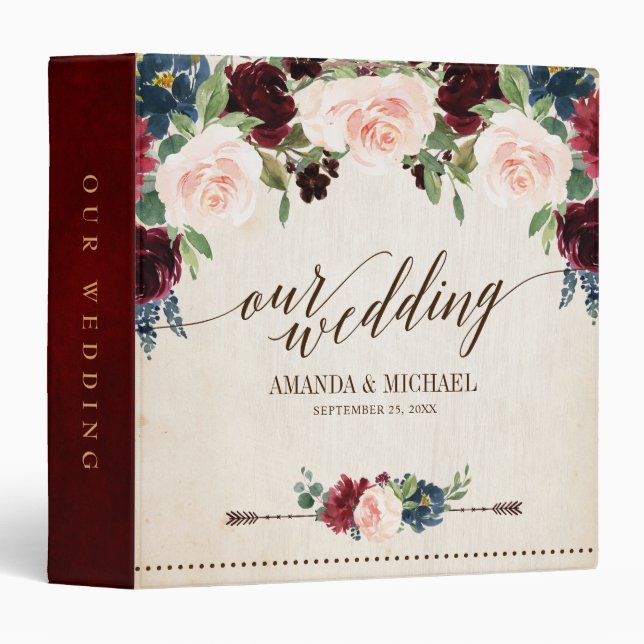 Burgundy Red Navy Floral Rustic Boho Wedding Album Binder (Front/Spine)