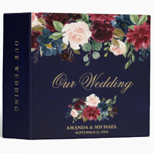 Burgundy Red Navy Floral Rustic Boho Wedding Album Binder