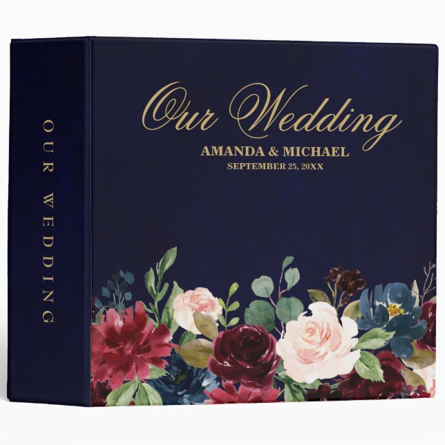 Burgundy Red Navy Floral Rustic Boho Wedding Album Binder (Front/Spine)