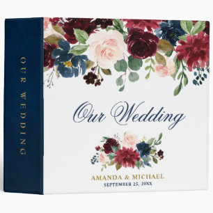 Burgundy Red Navy Floral Rustic Boho Wedding Album Binder