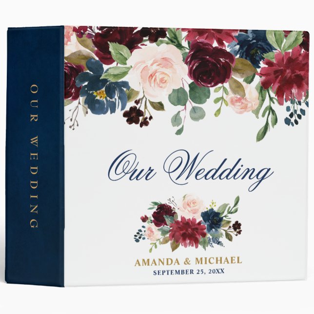 Burgundy Red Navy Floral Rustic Boho Wedding Album Binder (Front/Spine)