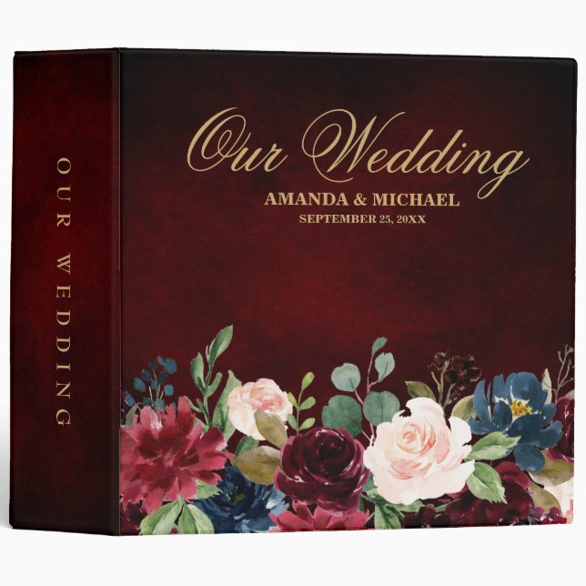 Burgundy Red Navy Floral Rustic Boho Wedding Album Binder (Front/Spine)