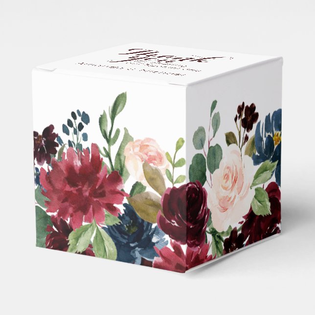 Burgundy Red Navy Floral Rustic Boho Wedding Favor Box (Front Side)
