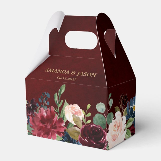 Burgundy Red Navy Floral Rustic Boho Wedding Favor Box (Front Side)