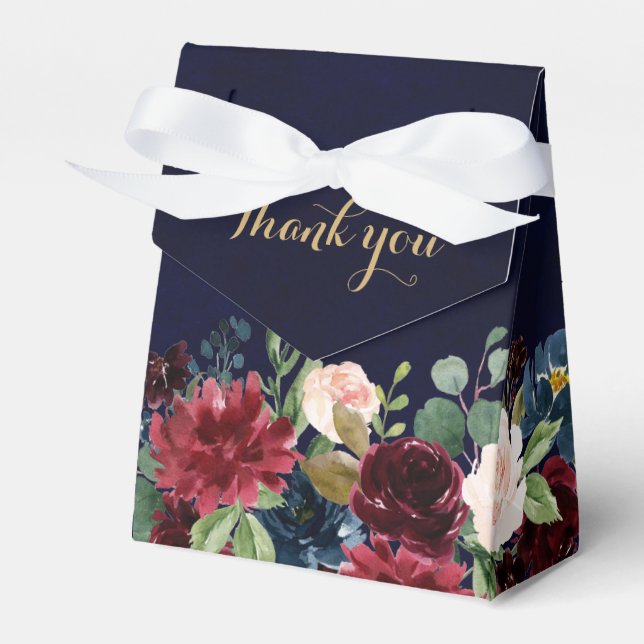 Burgundy Red Navy Floral Rustic Boho Wedding Favor Box (Front Side)