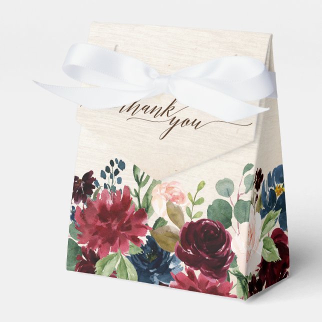 Burgundy Red Navy Floral Rustic Boho Wedding Favor Box (Front Side)