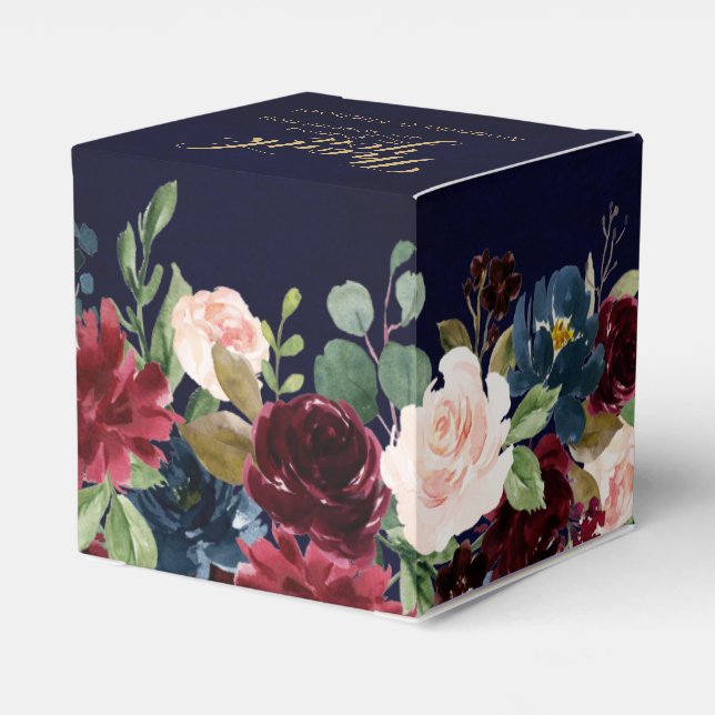 Burgundy Red Navy Floral Rustic Boho Wedding Favor Box (Back Side)