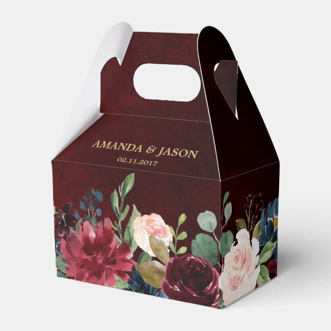 Burgundy Red Navy Floral Rustic Boho Wedding Favor Box (Front Side)