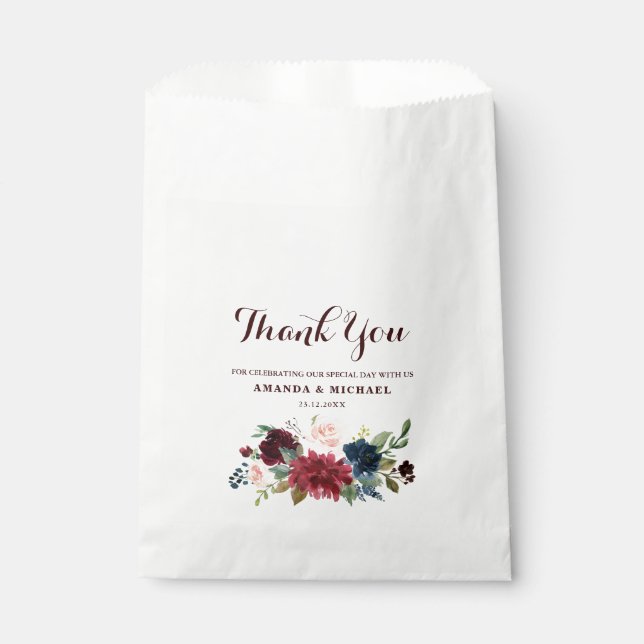 Burgundy Red Navy Floral Rustic Boho wedding Favour Bag (Front)