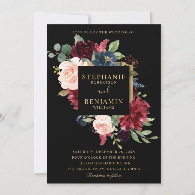 Burgundy Red Navy Floral Rustic Boho Wedding Invitation (Front)