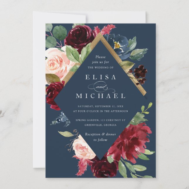 Burgundy Red Navy Floral Rustic Boho Wedding Invitation (Front)