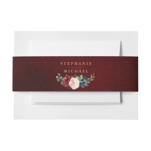 Burgundy Red Navy Floral Rustic Boho Wedding Invitation Belly Band