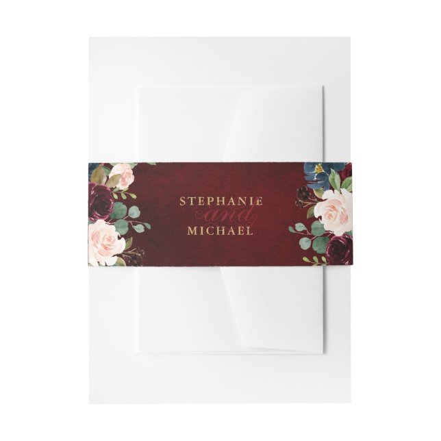 Burgundy Red Navy Floral Rustic Boho Wedding Invitation Belly Band (Front Example)